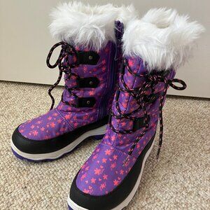 Dream pairs Purple Pink Flowers White Fur Cold Weather Winter Snow Boots Girls 4